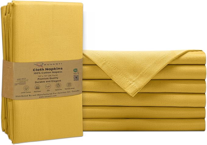 Ruvanti Cloth Napkins Set of 6, 100% Cotton High GSM 18x18 Inches Soft, Washable, Highly Durable & Absorbent, Perfect for Parties, Christmas, Thanksgiving Dinners – Spicy Mustard by Ruvanti