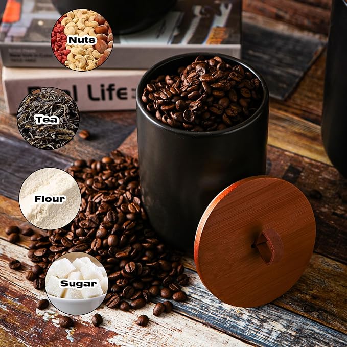 JOJUNO Black Ceramic Food Storage Canister Set (30 oz, 48 oz, 82 oz) with Bamboo Lids, 3-Piece Airtight Jars for Flour, Sugar, Coffee, Tea, Oats, Spice – Kitchen Storage Containers with Lids - Image 3