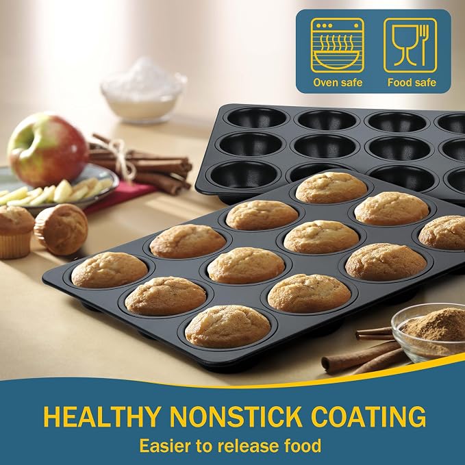 E-far Nonstick Muffin Pan 12 Cups Set of 2, Stainless Steel Muffin Tin Cupcake Pan Tray for Baking, Stainless Steel Core & Non Toxic, Easy Release & Easy Clean, Black - Image 5