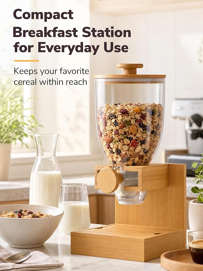 Bamboo Cereal Dispenser Countertop, 2L Airtight Single Pack | Cereal Containers Storage with Stable Base, Rotary Dry Food Dispenser for Cereal, Rice, Nuts, Kitchen Pantry Organization - Image 2