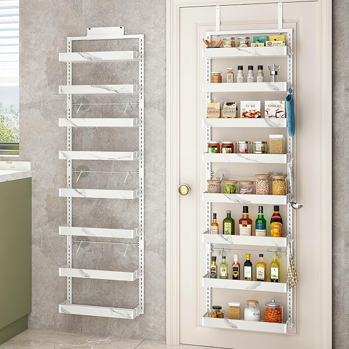 BUKFEN Over the Door Pantry Organizer, 2-IN-1 Door & Wall Mount Spice Rack | 8-Tier Adjustable Basket, 16 Hooks, Heavy-Duty Metal Over Door Spice Shelf Organization Storage for Kitchen, Bathroom, Closet by bukfen