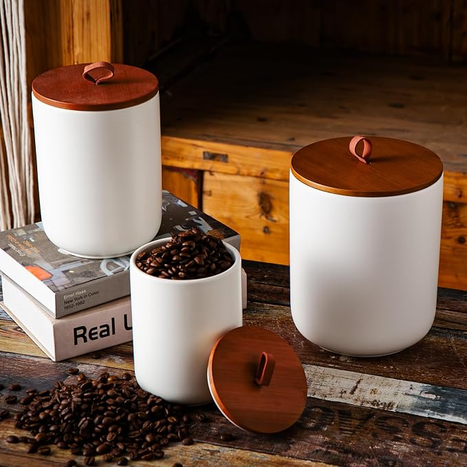 JOJUNO White Ceramic Food Storage Canister Set (30 oz, 48 oz, 82 oz) with Bamboo Lids, 3-Piece Airtight Jars for Flour, Sugar, Coffee, Tea, Oats, Spice – Kitchen Storage Containers with Lids - Image 6