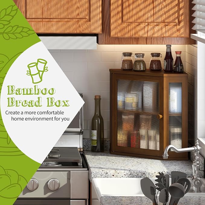 BMOSU Corner Bread Box for Kitchen Countertop Double Layer Bamboo Wooden Bread box Large Capacity Bread Storage Bin(Brown, Medium) - Image 2