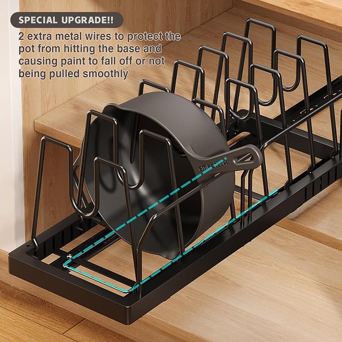Magheo 2 Pack Pots and Pans Organizer Under Cabinet, 22" Deep Expandable Pull Out Pot Lid Organizer and Storage with 10 Adjustable Dividers No Drill Pot and Pan Holder Rack with Handle Bracket(Black) - Image 8