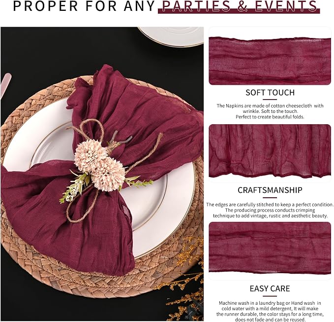 42 Packs Gauze Cheesecloth Napkins 20 x 20 Inch Burgundy Wrinkled Dinner Napkins Bulk, Rustic Boho Soft Cloth Napkin for Wedding Party Event Dinner Table Decoration - Image 3