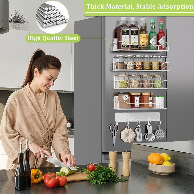 Magnetic Spice Rack for Refrigerator, 5 Pack Metal Strong Magnet Spice Organizer Shelves with Hook Rack, Space Saving Magnetic Fridge Shelf for Home Kitchen Organization and Storage (White) - Image 5