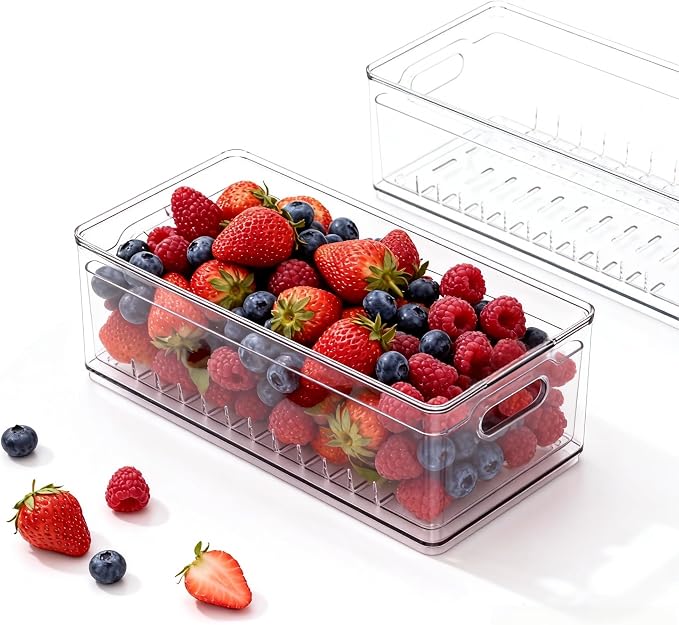 1 Pack Long Fridge Fruit Storage Box with Drain Lid | Long refrigerator Fruit Container with Drain Basket, ideal for large produce like grapes, berries & veggies by TAYUOO
