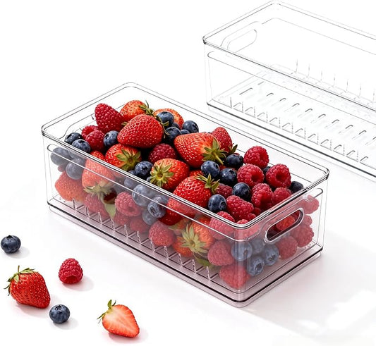 1 Pack Long Fridge Fruit Storage Box with Drain Lid | Long refrigerator Fruit Container with Drain Basket, ideal for large produce like grapes, berries & veggies by TAYUOO