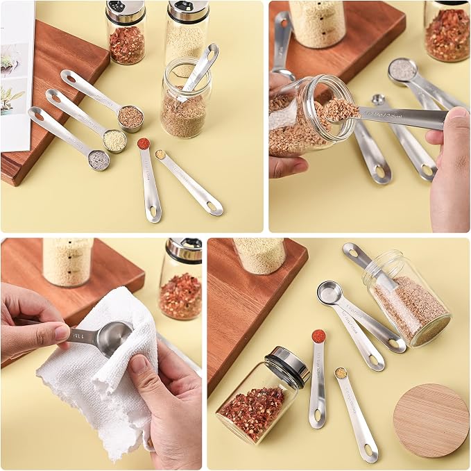Measuring Spoons Set 6 with Flat Bottom, 18/8 Stainless Steel Measuring Spoons Set for Dry & Liquid, Metric & US Markings Measuring Tools for Kitchen & Baking - Image 5