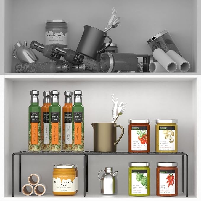 Redrubbit Expandable Metal Rustproof Kitchen Counter Shelf Rack, Space Saver for Kitchen, Fridge, Bathroom, Black, Set of 6 - Image 7
