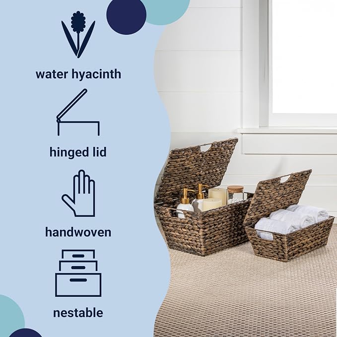 happimess Wilder Hyacinth Storage Baskets with Lids 16", Brown, Set of 2 | Farmhouse Style, Woven Wicker, Built-in Handles, Metal Frame Construction, Nesting For Easy Organization, Rectangular - Image 3