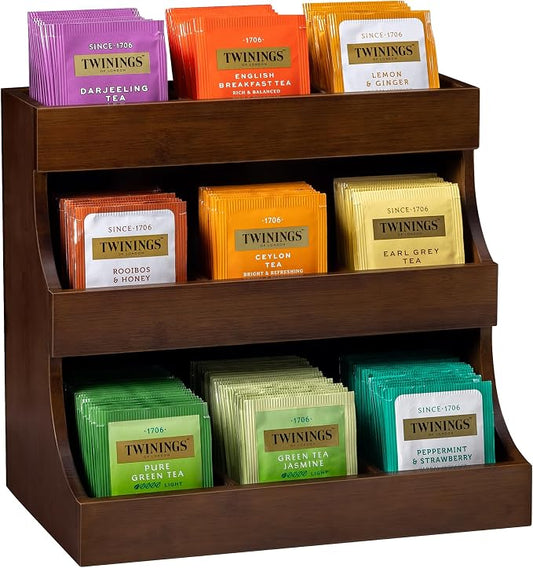 Bamboo Tea Bag Organizer, 3-Tier Tea Storage Box with 9 Compartments, Holds Up to 180 Bags, Tea Holder Organizer for Coffee Station, Kitchen Countertop, Pantry and Cabinet | No Installation Required | Natural Bamboo | No Burrs | No Odor | Sturdy & Dura... by LOROTOCO