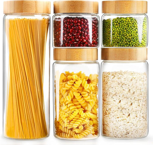 AISIPRIN Airtight Glass Jar with Lid, Glass Storage Containers with Screw On Bamboo Lids, for Cookie, Pasta, Cereal Storage Containers, 5Pcs 80oz 50oz 27oz Canisters Sets for the Kitchen by AISIPRIN