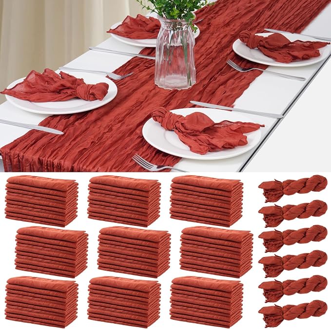60PCS Terracotta Cheesecloth Napkins and 6PCS Table Runners Set, 19.69x19.69inch Rustic Wedding Napkins and 35x118inch Gauze Table Runner for Wedding Party Boho Table Decor by Sileasncei