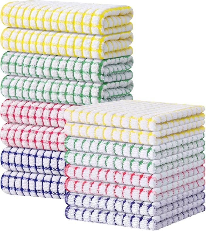 Kitinjoy Cotton 16 Pack Kitchen Towels and Dishcloths Sets, Mixed Color | 16 x 25 Inch & 12 X 12 Inch Dish Towels Bulk, Super Soft and Absorbent hand towels for kitchen Drying by Kitinjoy