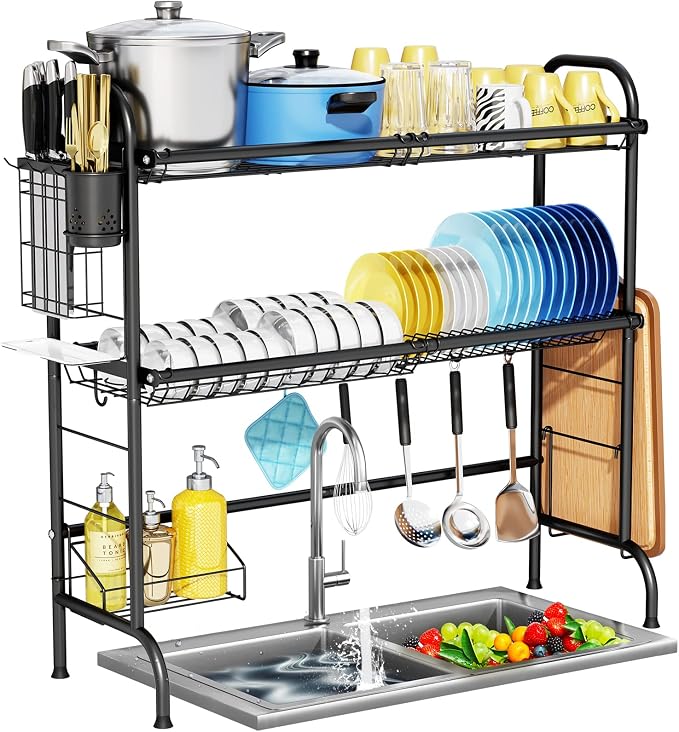 HOWDIA 3-Tier Over The Sink Dish Drying Rack,Stainless Steel Dish Rack | With Cutlery Holder & Chopping Board Rack, 33.9” x 11.4” x 32.3” for Maximum Kitchen Storage, Black by HOWDIA