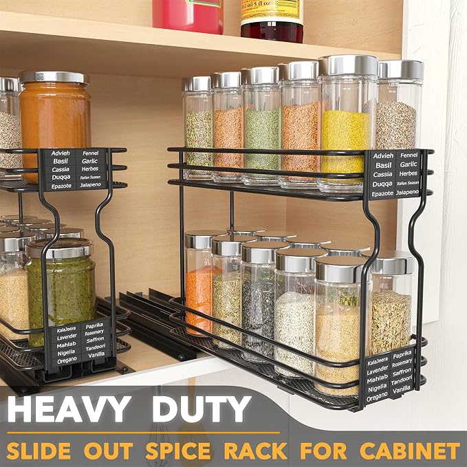 SpaceAid Pull Out Spice Rack Organizer for Cabinet, Heavy Duty Slide Out Seasoning Kitchen Organizer, Cabinet Organizer, with Labels, 4.5" W x10.75 D x8.5 H, 1 Drawer 2-Tier - Image 3