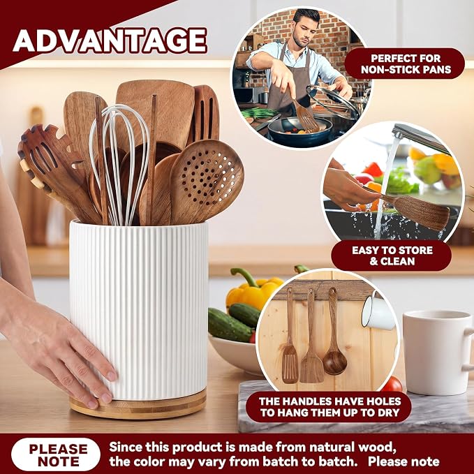 SiliFine 11 Pcs White Wooden Kitchen Utensils Set with 360° Ceramics Rotating Holder Acacia Wood Cooking Utensils with Cooking Spoons Spatulas Nonstick Cookware Countertop(White) - Image 4