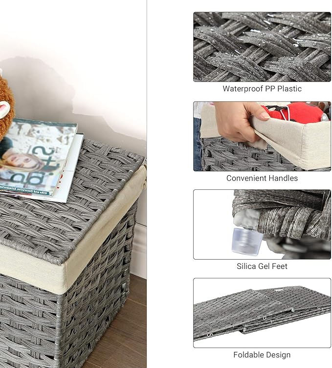 SONGMICS Storage Basket with Lid, Woven Blanket Storage Bin with Handles, Foldable, Removable Liner, Metal Frame, for Bedroom, Laundry Room, 42.3 Gallons (160 L), Gray URST76WG - Image 4