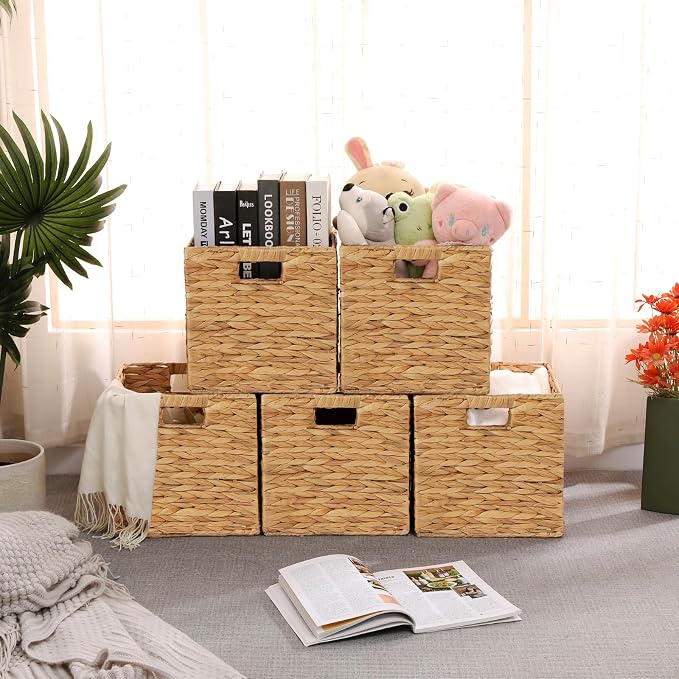 11x11in Wicker Storage Baskets Set of 5 Collapsible Water Hyacinth Basket | for Organizing,Handwoven Woven Bins for Bedroom,Living Room,Shelves - Natural - Image 5