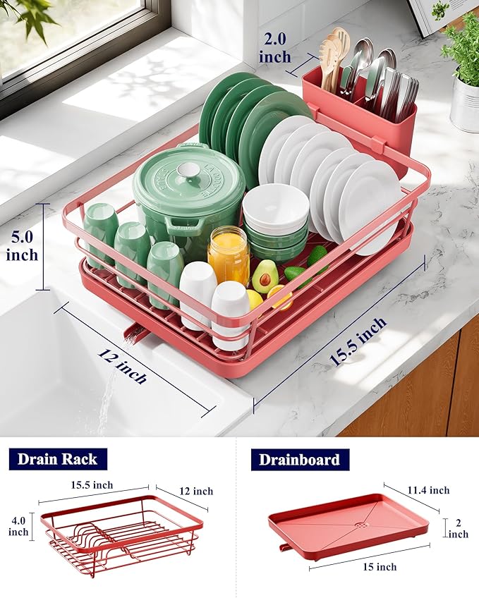 Kitsure Dish Drying Rack for Kitchen Counter, 12''W x 15.5''L, Red | Stainless Steel Sink Organization, Cutlery Holder, Home and Appartment Decor - Image 2