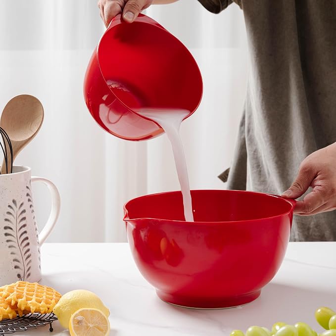 Mixing Bowls Set, 3 Piece Melamine Nesting Bowls with Pour Spout, Non-Slip Base, Great for Prepping, Baking, Mixing Cooking, BPA free and Dishwasher Safe, Red - Image 5