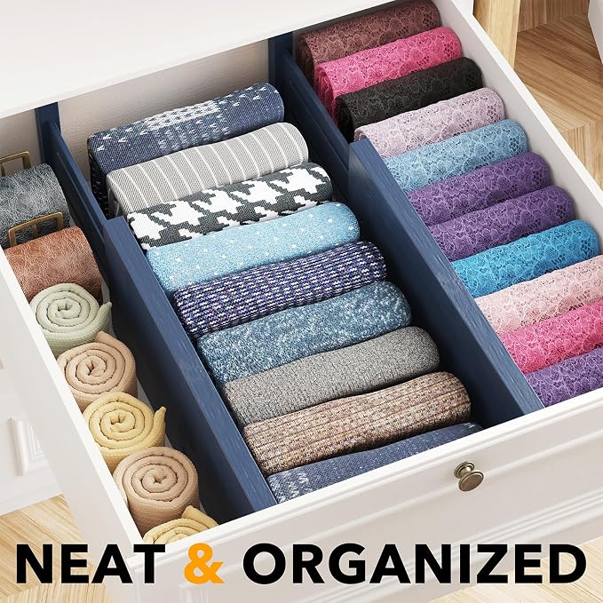 SpaceAid Bamboo 4 Pack Dresser Drawer Dividers, 4.65“ High Adjustable 12.5“-17” Drawer Organizers, Expandable Organization for Clothing, Clothes, Dressers, Navy Blue - Image 2