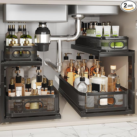 2 Pack 21IN-Depth Under Sink Organizer With Next-Gen Ball-Bearing Slides,2-Tier Precision Mesh Pull Out Cabinet Storage for Bathroom&Kitchen,Height Adjustable Drawers Shelf,Anti-rust-Black by Corbyles