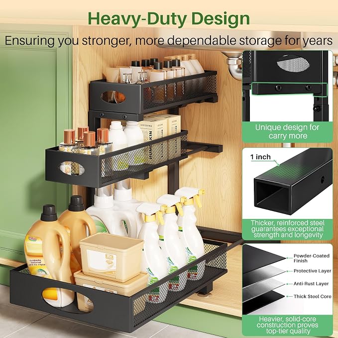 Kitstorack Under Sink Organizer 3-Tier Slide Out Drawer 2-Pack Black | Height Adjustable, Metal Mesh Storage Rack, Pull out Cabinet Organizer Shelf for Bathroom Kitchen Pantry Home Organization - Image 6