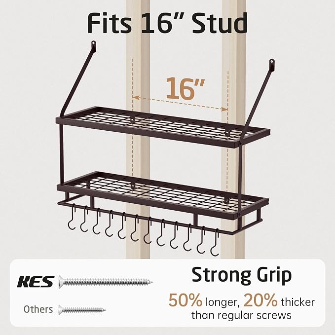 KES 30-Inch Oiled Bronze Pot Rack Wall Mounted, 100 Lbs Capacity, 12 Hooks | 2-Tier, Cast Iron Pots and Pans Organizer Hanging, Kitchen Wall Hanger Shelves, Farmhouse Style, KUR215S75B-OB - Image 7