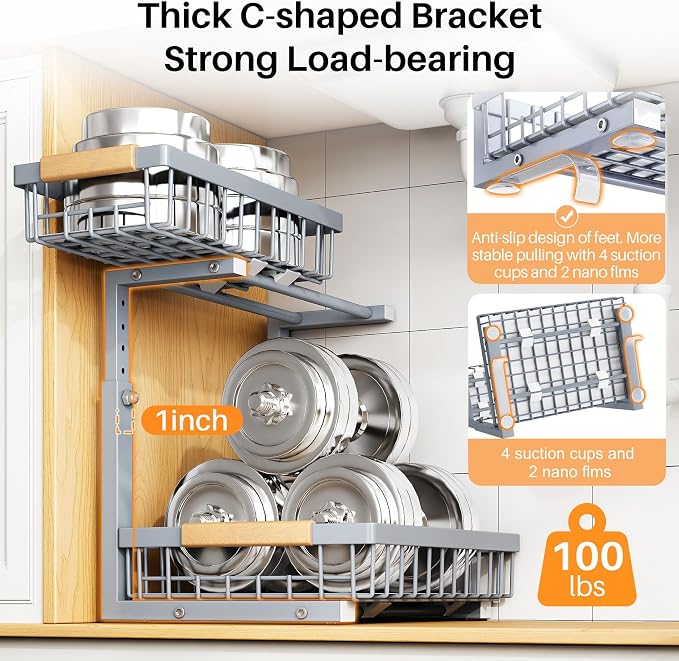 PXRACK Under Sink Organizer, Adjustable Height, 2 Tier Pull Out Under Cabinet Organizer, Slide Out Thickened Metal Under Sink Storage for Kitchen Bathroom Laundry Pantry Cabinet, Grey, Large-2-Pack - Image 6