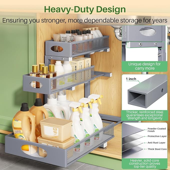 Kitstorack Under Sink Organizer 3-Tier Slide Out Drawer 2-Pack Grey | Height Adjustable, Metal Mesh Storage Rack, Pull out Cabinet Organizer Shelf for Bathroom Kitchen Pantry Home Organization - Image 6