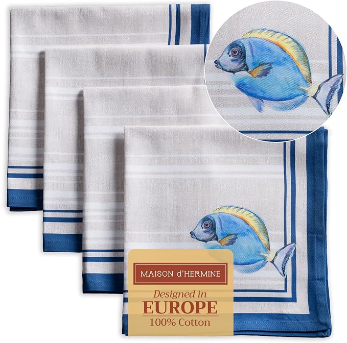 Maison d' Hermine Cloth Napkins Set of 4 Reusable 100% Cotton (20" x 20") | Everyday Square Napkins Cloth Washable Dinner Party Wedding Restaurant Hotel Kitchen Spring Summer - Poisson by MaisondHermine