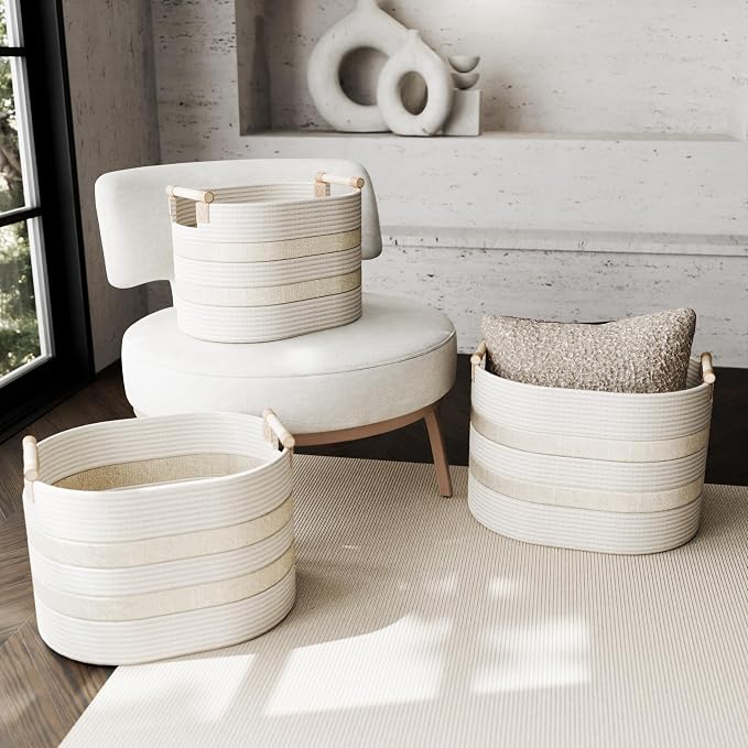 RGI Home Storage Baskets for Organizing, Textured Linen and Fabric Rope, Set of 3 Oval Decorative Woven Bins, Multi-Sized with Easy-Carry Premium Wooden Handles, Cream with Ivory Trim - Image 2