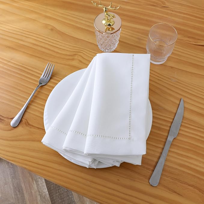 Majestic Giftware Set of 12 Polyester Napkins (NPK-HS) | White Hemstitch Trim Design Dinner Napkins Cloth | Linen Look Washable Cloth Napkins Set for Weddings, Banquets, or Restaurants (20" x 20") - Image 5