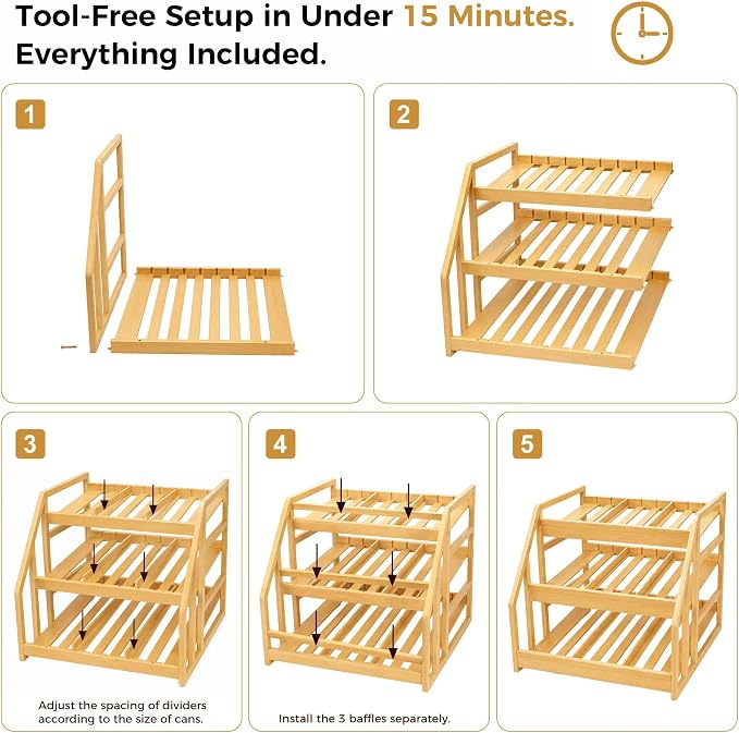 MinBoo 3-Tier Bamboo Can Organizer for Pantry - Holds 36 Cans (9/12/15) - Stackable Canned Food Dispenser with Adjustable Dividers - Gravity-Fed Rolling Storage Rack for Kitchen Cabinets - Image 7