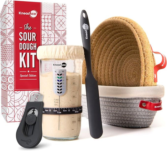 KneadAce Sourdough Starter Kit – 24oz Starter Jar, 2 Cotton Rope Banneton Proofing Baskets, Magnetic Bread Lame for Scoring – Gift for Bakers & Complete Sourdough Bread Baking Set by KneadAce-DesignedbyBakers