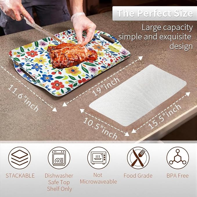 Large Melamine Platters, Serving Tray with Handles for Cookie, Cupcakes, Desserts, Dishwasher Safe, Ottoman Tray Decor, Set of 2, 2 pcs Mats Included (Boho Botanical, 19''x11.6'') - Image 2