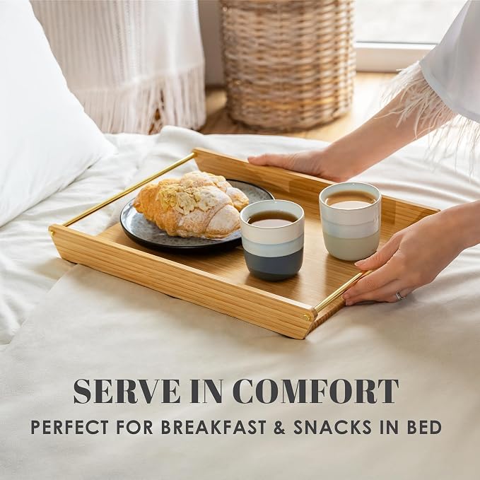 Bamboo Serving Tray with Gold Stainless Steel Handles, 16.5" x 11.2" Premium Decorative Ottoman Tray, Coffee Table Tray, Bed Tray for Breakfast in Bed, Living Room Decor - Image 5
