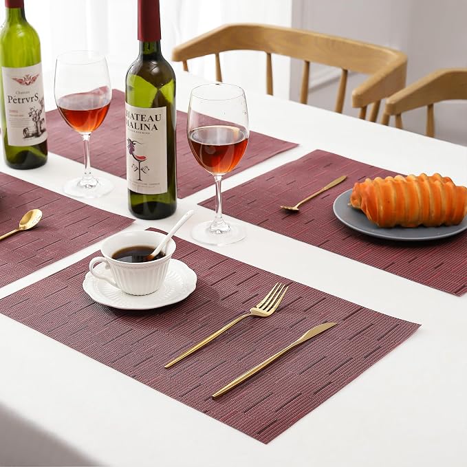 Leetaltree Burgundy Placemats Set of 6 - Heat Resistant Non-Slip Place mats for Dining Table, Washable Durable PVC Vinyl Woven Table Mats（Burgundy, 6） - Image 7
