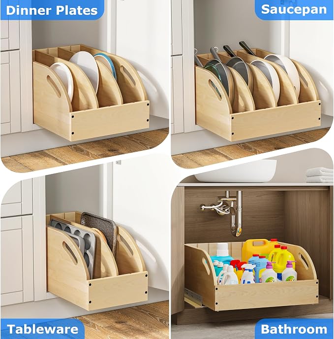 WelFurGeer Birchwood Pot and Pan Organizer with Soft-Close Drawer, Pull Out Cabinet Organizer, Heavy-Duty Slide-Out Storage for Baking Sheets, Cutting Boards, and Kitchen Utensils - Image 7