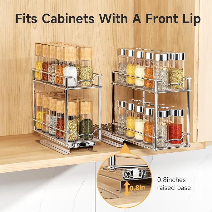 MUDEELA 2 Pack Pull Out Spice Rack for Inside Cabinet, 2 Tier Chrome Spice Organization for Cabinet, Vertical Sliding Out Spice Rack Organizer for Seasoning, 10.4''D×4.8''W×9.3''H - Image 3