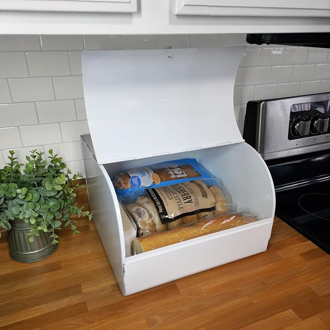 AuldHome Design Large White Bread Box; Farmhouse Enamelware Vintage Style Family Size Countertop Bread Bin - Image 6