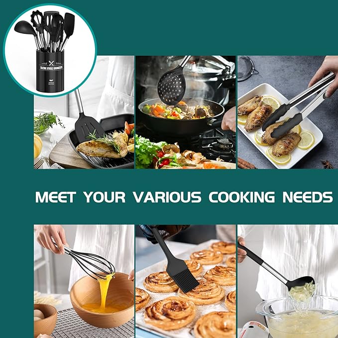 Silicone Cooking Utensil Set, Umite Chef 15pcs Silicone Cooking Kitchen Utensils Set, Non-stick - Best Kitchen Cookware with Stainless Steel Handle - Black Kitchen Utensils - Image 4