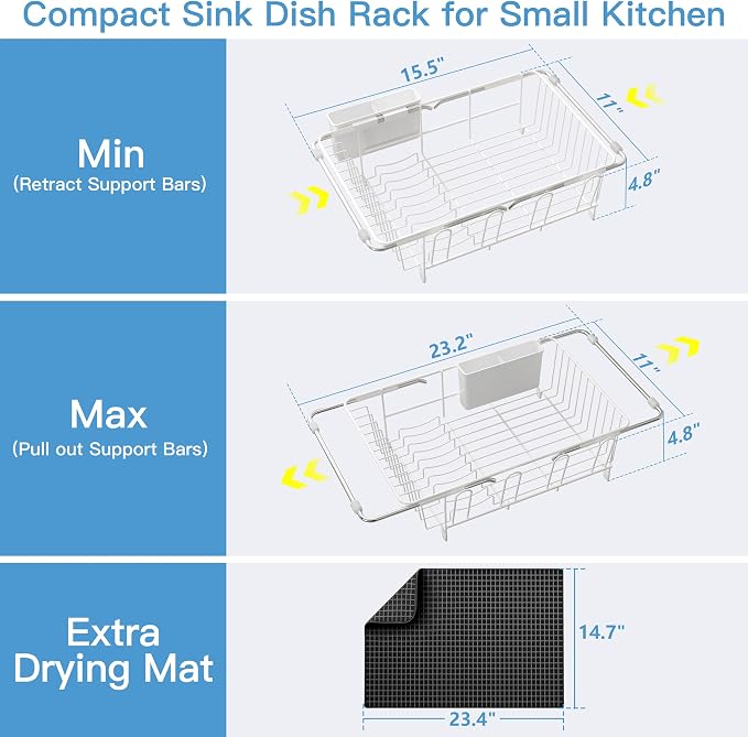 JASIWAY White Dish Drying Rack in Sink with Mat, Cups and Utensil Holder | Use Over the Sink or Counter, Stainless Steel Expandable Dish Drainer for Small Kitchen, Space Saving, Fast Drain, Rustproof - Image 6
