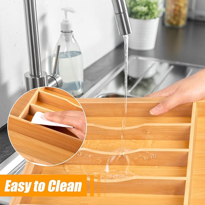 Large Premium Bamboo Silverware Organizer - Expandable Utensil Drawer Organizer - 17"x19.6" Utensil Holder and Cutlery Tray with Grooved for Kitchen Flatware and Utensils Mother's Day Gift - Image 6