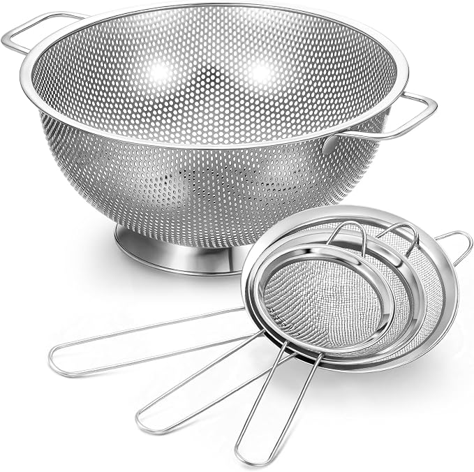 Norme 5 Quart Stainless Steel Silver Colander and 3 Pcs Silver Fine Mesh Strainer, Stainless Steel Pasta Rice Food Metal Strainer with Handles, Easy Clean and Dishwasher Safe by Norme