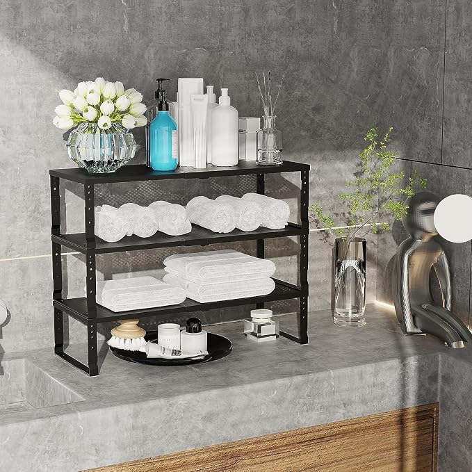 Jojocross Expandable Cabinet Shelf Organizer Storage Spice Rack Shelves for Kitchen Stackable Adjustable Pantry Cupboard Bathroom Countertop Desktop(2Packs/Black/Large-with Hole) - Image 5