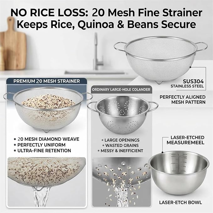 18/8 Stainless Steel Fine Mesh Colander Set, 3.5Qt | Includes 1 mixing bowl with built-in measurement marks and 1 fine 20-mesh strainer for rinsing, mixing, and draining. - Image 4