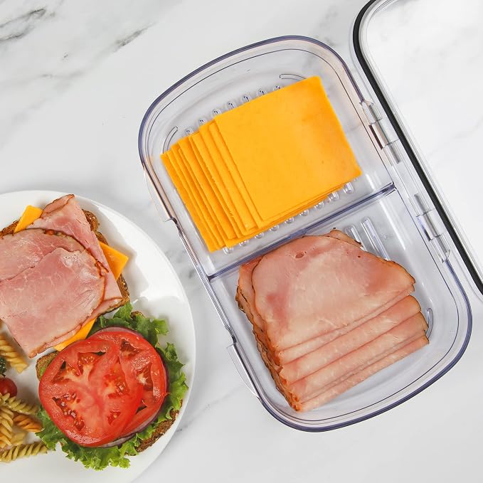 Progressive Prokeeper + Deli Storage Set: Air-Tight Silicone Sealed Containers w Grooved Bottom, Dry Erase Lid, BPA-Free, Stackable, Keeps Meats & Cheeses Fresh Longer, PKS-710C Split Deli 1.6L - Image 7